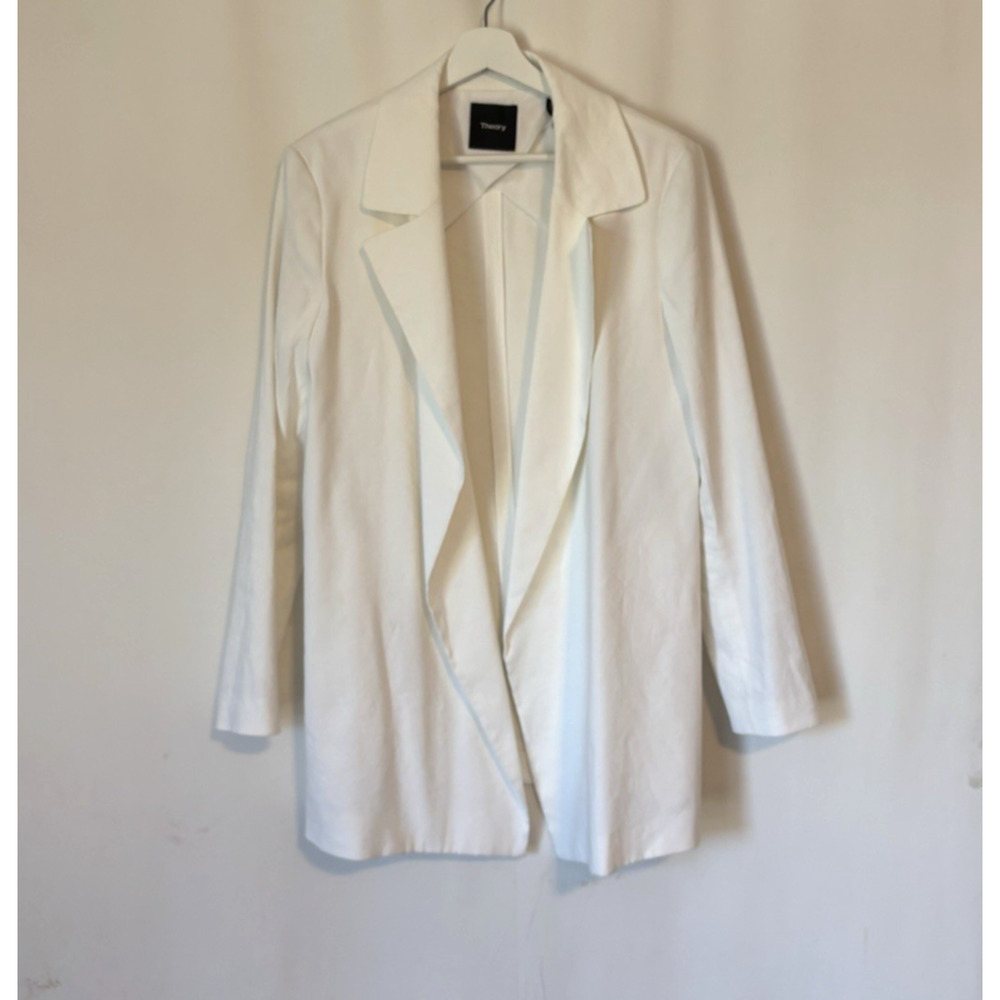 Theory Line Blazer Large White Open Front Long Collar Linen Blend Elegant Jacket